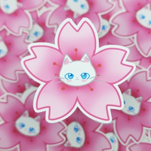 Autocollant de fleur de cerisier de chat blanc, autocollants de printemps, autocollants de fleurs, autocollants Sakura, autocollants imperméables, autocollants de bouteille d’eau, autocollant mignon