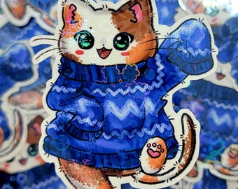 Kawaii Christmas Winter Cat Sticker, Cute Stickers, Kawaii Stickers, Christmas Stickers, Holiday Stickers, Calico Cat Stickers