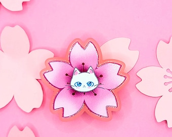 Cherry Blossom Cat Pin / Acrylic Pin / Kawaii Accessories / Sakura / Cute Accessories / Cat Lover Gifts / Lapel Pin /