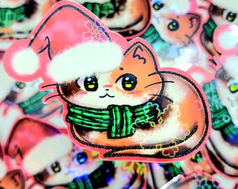 Kawaii Christmas Winter Cat Sticker, Cute Stickers, Kawaii Stickers, Christmas Stickers, Holiday Stickers, Calico Cat Stickers