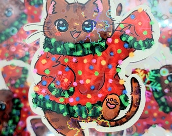 Kawaii Christmas Winter Cat Sticker, Cute Stickers, Kawaii Stickers, Christmas Stickers, Holiday Stickers, Brown Tabby Cat Stickers