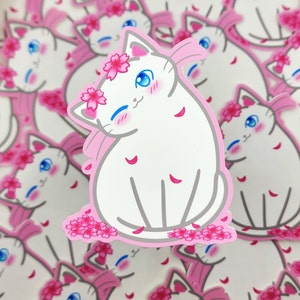 Autocollant de fleur de cerisier de chat blanc, autocollants de printemps, autocollants de fleurs, autocollants Sakura, autocollants imperméables, autocollants de bouteille d’eau, autocollant mignon