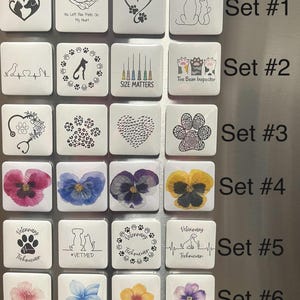 May include: A collection of twenty-four square magnets arranged in six rows labeled Set #1 through Set #6. The magnets feature various designs including animal silhouettes, paw prints, floral patterns, and text such as Size Matters and Vetmed.