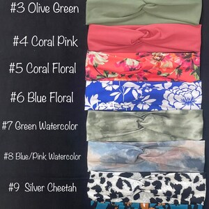 May include: Eleven different colors and patterns of knotted headbands. The headbands are arranged vertically in a row, with the numbers 1 through 11 listed to the left of each headband. The headbands include light pink, teal, olive green, coral pink, coral floral, blue floral, green watercolor, blue and pink watercolor, silver cheetah, teal cheetah, and orange cheetah.