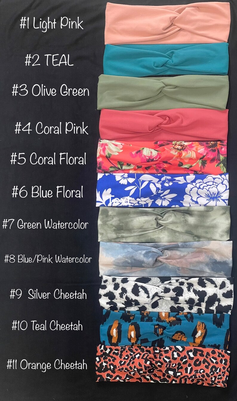 May include: Eleven different colors and patterns of knotted headbands. The headbands are arranged vertically in a row, with the numbers 1 through 11 listed to the left of each headband. The headbands include light pink, teal, olive green, coral pink, coral floral, blue floral, green watercolor, blue and pink watercolor, silver cheetah, teal cheetah, and orange cheetah.