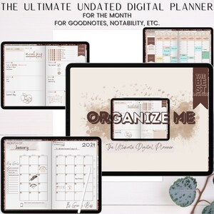Puede incluir: Un planificador digital con un esquema de color marrón y rosa. El planificador está diseñado para su uso con Goodnotes, Notability y otras aplicaciones para tomar notas. El planificador incluye un calendario, páginas de preparación de comidas y páginas de horario semanal. El texto "ORGANIZE ME" está escrito en letras grandes de color marrón en el planificador.