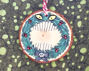 3 inch wreath tree christmas ornament hand painted wood slice circle - haunted mansion mini wall hanging decor - nightmare before art gift