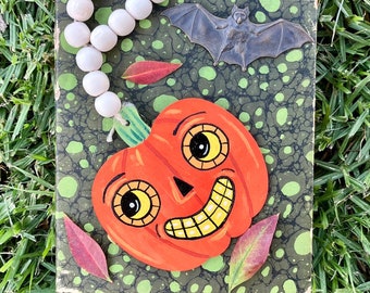 hand painted retro vintage style pumpkin wooden door sign hanger - halloween jack o'lantern wall decor with beads - spooky cute folk art