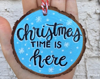 3 x 3 in christmas time is here tree ornament hand painted small wood slice - glittery mini wall hanging decor - classic blue x-mas art gift