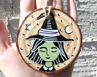 3.25 in spooky cute witch tree ornament hand painted small wood slice circle - halloween / samhain wall hanging decoration - witchy art gift
