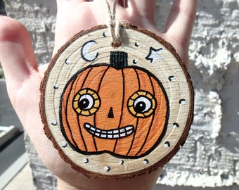 3 in hand painted vintage folk pumpkin tree ornament small wood slice circle - halloween jackolantern mini wall decor - spooky cute art gift