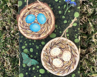 3.5 in. bird egg nest hand painted small wood slice circle - easter woodland mini wall hanging decor - boho farmhouse art tree ornament gift