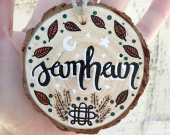 3 in samhain tree ornament hand painted small wood slice circle - bohemian halloween mini wall hanging decor - pagan wiccan witchy art gift