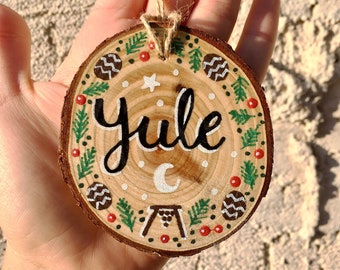 3 in yule tree ornament hand painted small wood slice circle - boho christmas holiday mini wall hanging decor - pagan wiccan witchy art gift