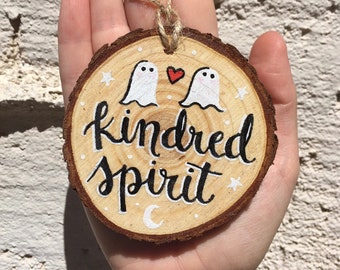 3 kindred spirit ghosts christmas tree ornament hand painted wood slice circle - halloween mini wall hanging decor - green gables art gift