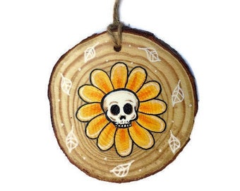 3.5 inch spooky cute flower skull tree ornament hand painted wood slice circle - halloween daisy wall hanging decor - gothic witchy art gift