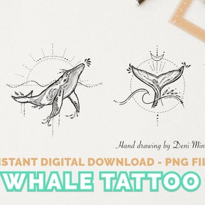 Whale, wave, sea small Tattoo Design Hand Drawing for Ocean Lovers - Instant Digital Download (2 Designs)