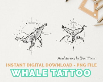 Whale, wave, sea small Tattoo Design Hand Drawing for Ocean Lovers - Instant Digital Download (2 Designs)