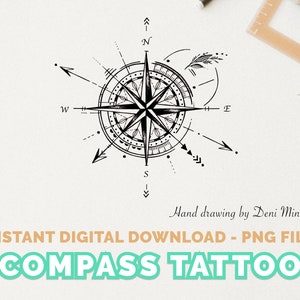 Kompass Tattoo Digitale Datei, Reise Tattoo zum sofortigen Download von Deni Minar (kleine Tattoo Idee)