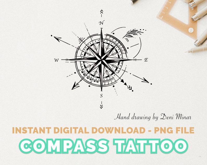 Compass Tattoo Digital File, Travel Tattoo for instant download by Deni Minar small tattoo idea image 1