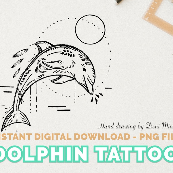 Dolphin Tattoo Design - small line drawing design for nature, ocean and marine life lovers - Instant Digital Download (clipart, png)