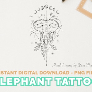 Elephant Tattoo Design - small line drawing design for nature, animal and spiritual life lovers - Instant Digital Download (clipart, png)