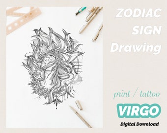 Virgo - Horoscope Zodiac Astrology Star Sign Constellation Wall Art, Print, Drawing, Colouring Page, Tattoo - Digital Download
