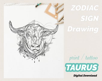 Taurus - Horoscope Zodiac Astrology Star Sign Constellation Wall Art, Print, Drawing, Colouring Page, Tattoo - Digital Download