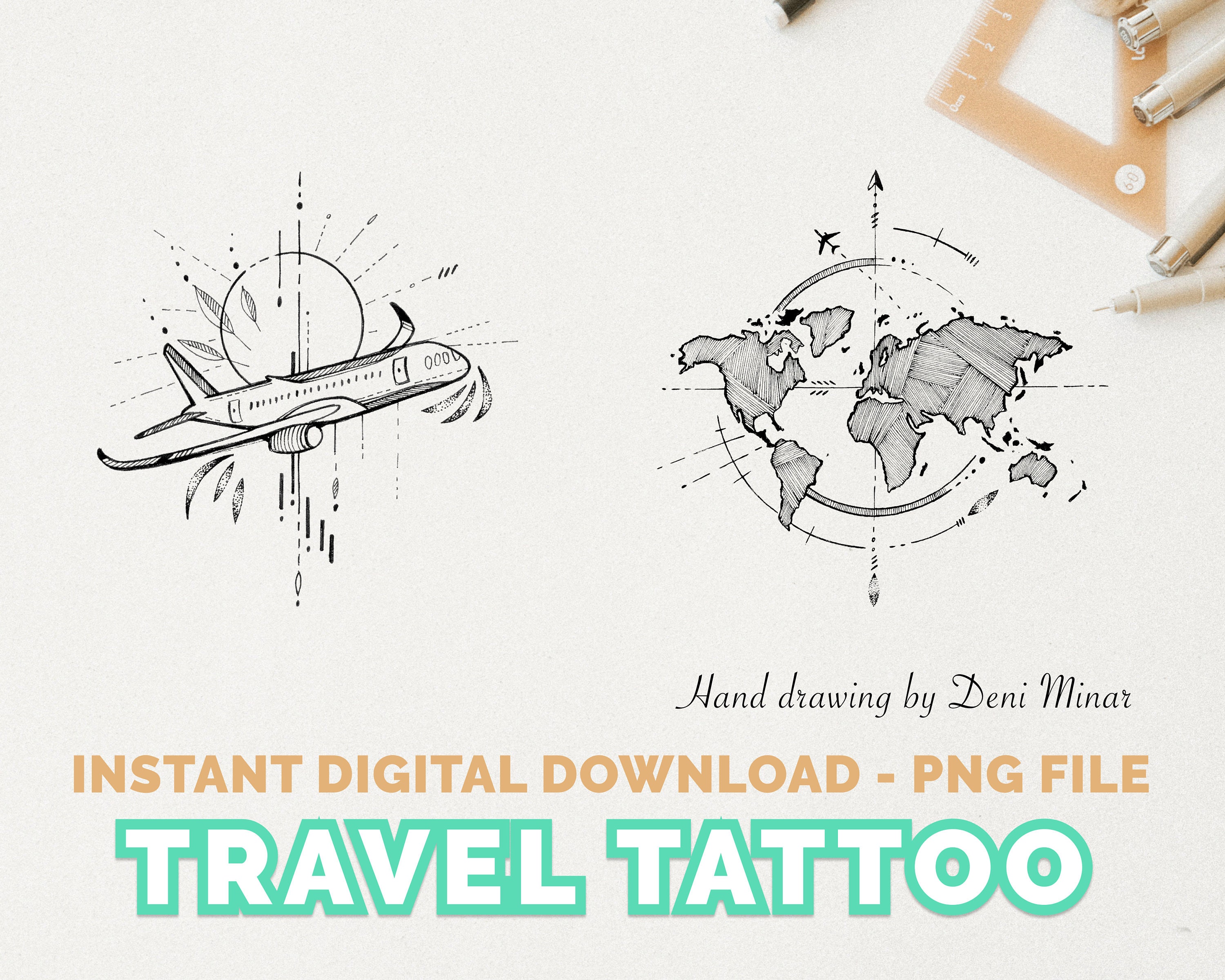 Travel Tattoo World Map Tattoo Compass Tattoo and Aeroplane - Etsy