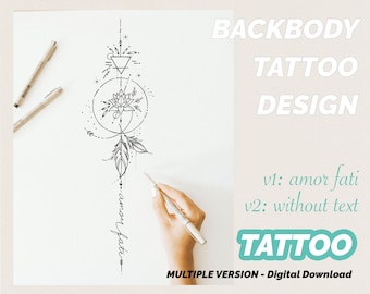 Zarte Tattoo Zeichnung geeignet für Rücken Körper - Lotus Pflanze, Elemente, Weiblichkeit - amor fati - Sofortiger Digitaler Download (2 Versionen)