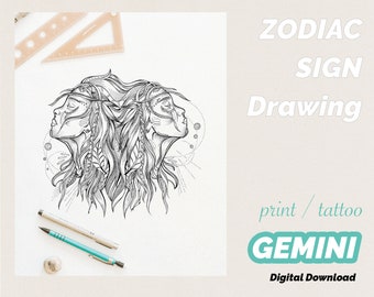 Gemini - Horoscope Zodiac Astrology Star Sign Constellation Wall Art, Print, Drawing, Colouring Page, Tattoo - Digital Download