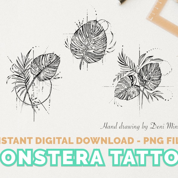 Monstera Tattoo - Line drawing design for Plant Lovers - Instant Digital Download (5 Designs - png file) by Deni Minar