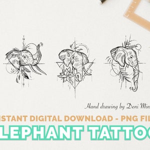 Elephant Small Tattoo Design Hand Drawing for Animal Lovers - Instant Digital Download (3 Designs)