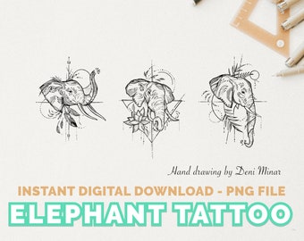 Elephant Small Tattoo Design Hand Drawing for Animal Lovers - Instant Digital Download (3 Designs)
