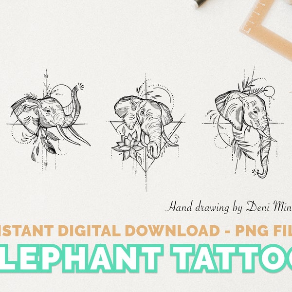 Éléphant petit tatouage Design dessin à la main pour les amoureux des animaux - téléchargement numérique instantané (3 dessins)