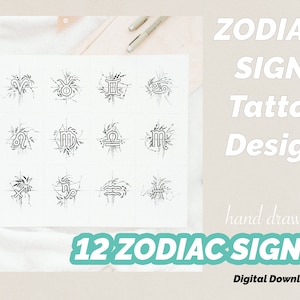 Zodiac Signs Small Tattoo Design Hand Drawing - Instant Digital Download (All 12 signs included)