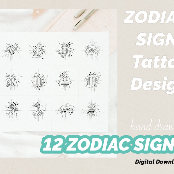 Zodiac Signs Small Tattoo Design Hand Drawing - Téléchargement numérique instantané (Tous les 12 signes inclus)