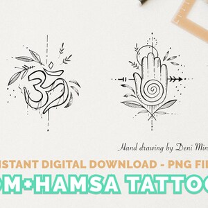 Om Tattoo and Hamsa Tattoo - Line drawing design for Spirituality Lovers - Instant Digital Download of Small Tattoo Idea by Deni Minar