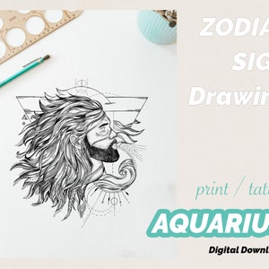 Aquarius - Horoscope Zodiac Astrology Star Sign Constellation Wall Art, Print, Drawing, Coloring Page, Tattoo - Digital Download
