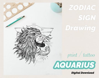 Aquarius - Horoscope Zodiac Astrology Star Sign Constellation Wall Art, Print, Drawing, Coloring Page, Tattoo - Digital Download