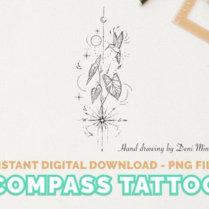 Tatuaggi da viaggio, tatuaggi Compass, tatuaggi Monstera e tatuaggi colibrì, per il download istantaneo di Deni Minar