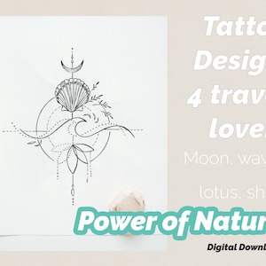 Tattoo Design per gli amanti dei viaggi - Luna, onda, conchiglia, fiore di loto - Download digitale istantaneo