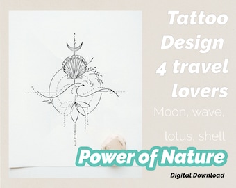 Tattoo Design for Travel Lovers - Moon, wave, shell, lotus flower - Instant Digital Download