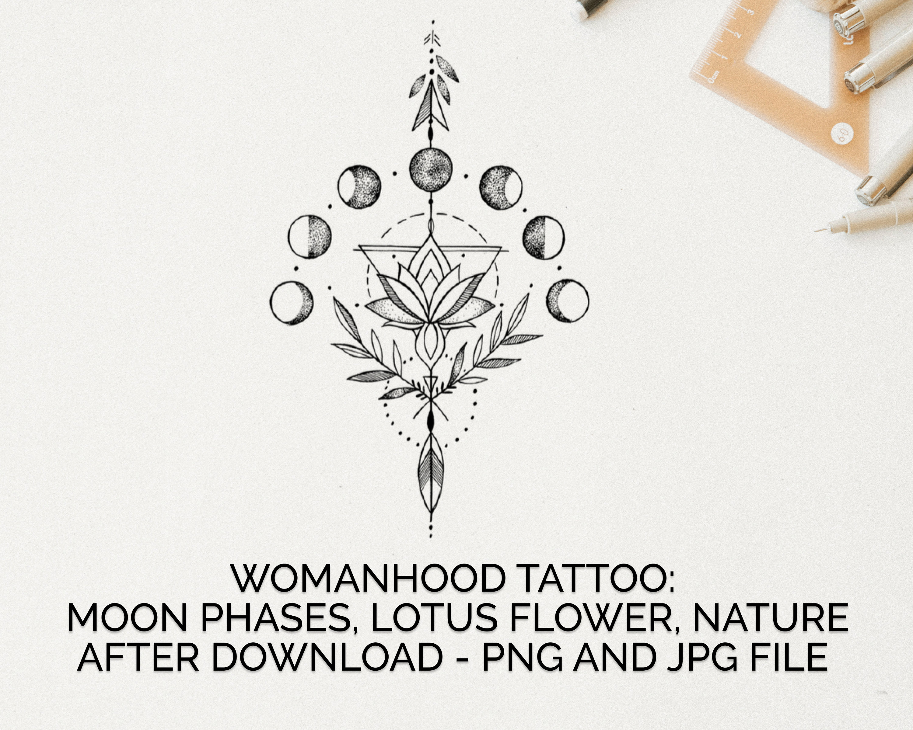 Lotus Flower and Moon Phases Womanhood Small Tattoo Design - Etsy