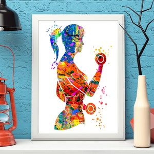 Fitness Girl Watercolor Print Fit Girl Mom Female Woman Dumbbells Wall Art Decor Gym Weight Lifting Sport Culturismo Entrenamiento con pesas #073