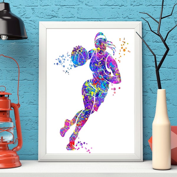 Joueur de basket-ball Fille Aquarelle Imprimer Femme Femme Maman Basketteur Cadeau Sport Art Mural Sports Basketball Décor Accrochage Mural #056