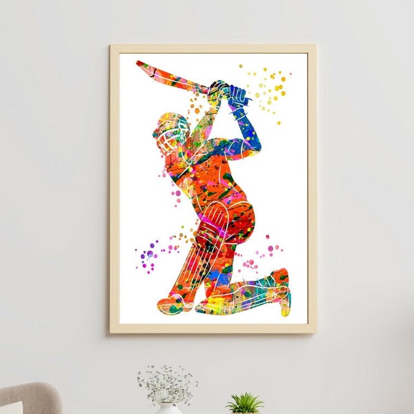 Cricket Art Wall Art Decor Cricket Player Batsman man Watercolor Print male Cricket Gift Boy Cricket Player Home Decor Sport Cricketer #039