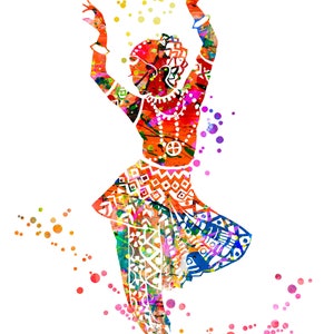 Puede incluir: Una ilustraci&oacute;n colorida de una bailarina con un atuendo tradicional indio. La bailarina est&aacute; en pose con los brazos levantados y un fondo colorido de puntos.