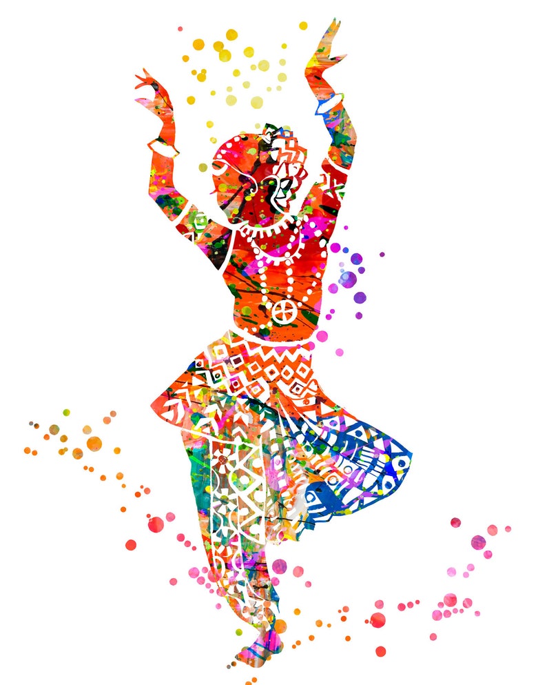 Puede incluir: Una ilustraci&oacute;n colorida de una bailarina con un atuendo tradicional indio. La bailarina est&aacute; en pose con los brazos levantados y un fondo colorido de puntos.