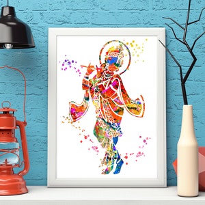 クリシュナの壁アート、フルートを持つクリシュナのデジタルプリント、クリシュナの水彩画アート #143